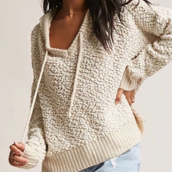 Young Fabulous & Broke Tops - Young Fabulous & Broke Oatmeal Open Popcorn Knit Hoodie Pullover Sweater